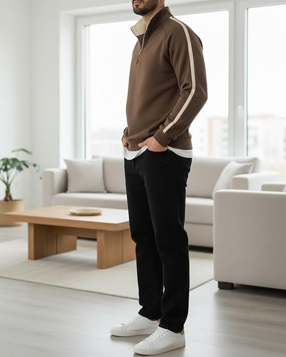 Image of Men's Quarter Zip Pullover Sweater with Contrast Stripe, Long Sleeve Athletic Casual Sweatshirt for Winter Wear, Black