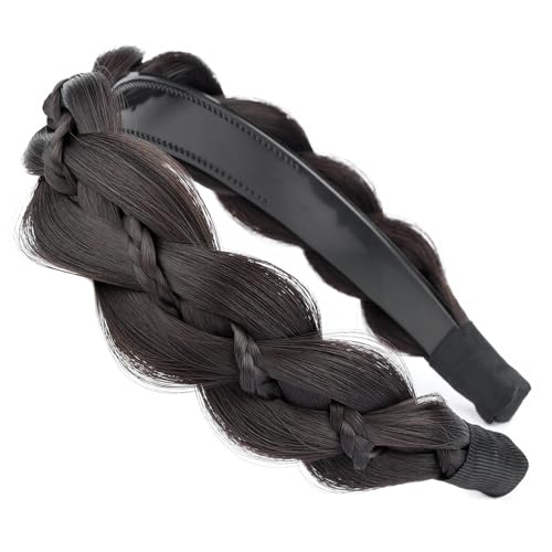 VOPPIS Wide Braided Headband with Teeth Synthetic Hair Plaited Headband Fishtail Braided Hair Band Hairpiece for Girls Women Beauty Accessory (Dark Chocolate, Wide)