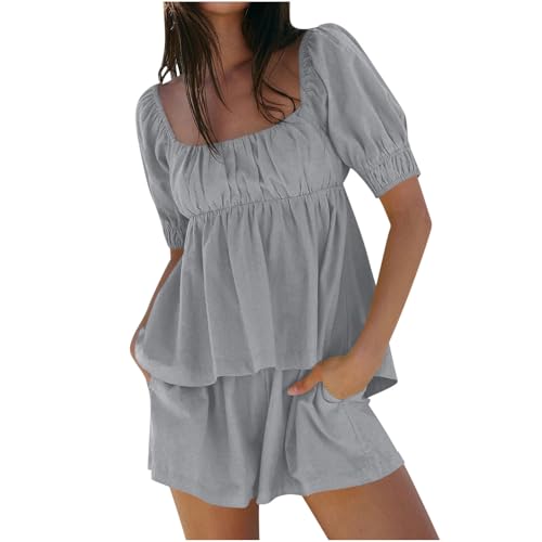 Women 2 Piece Outfits Summer Square Neck Short Puff Sleeve Cut Out Back Ruffle Babydoll Top and Shorts Cotton Linen Set Gray
