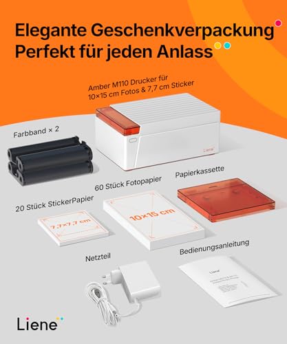 Liene Amber M110 Mini Fotodrucker für Smartphone – inkl. 60 Blatt 10x15 cm Fotopapier + 20 Blatt 7,7 cm Selbstklebende Fotos + 2 Farbbänder – Thermosublimation, Bluetooth, für iPhone & Android