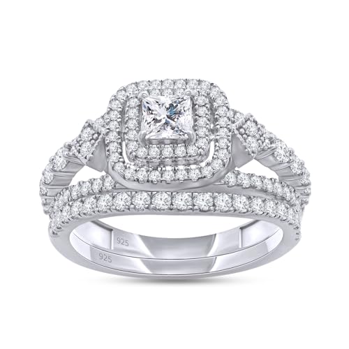 Bridal Ring Set for Women Princess & Round Lab Created Moissanite or Lab Grown Diamond Halo Ring in 14K Gold Over Sterling Silver Jewelry Gift for Her