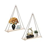 Xiangmall 2 Piezas Baldas Flotantes con Cuerdas Estant Pared Madera Colgantes Estantes Flotantes Rusticos Pared para Decoración Salon Habitación Cocina (Color primario)