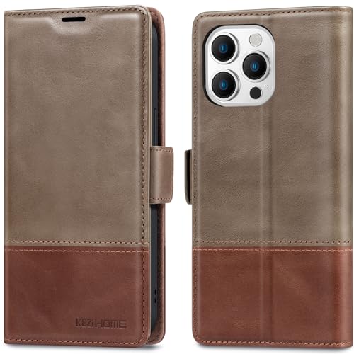 KEZiHOME Compatible with iPhone 15 Pro Max Wallet Case, Genuine Leather [RFID Blocking] Case Card Slot Magnetic Stand Phone Cover Flip Case Compatible with iPhone 15 Pro Max 5G (Gray/Brown)
