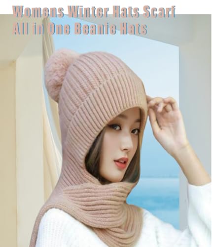 Gorro feminino de inverno cachecol tudo em um gorro com pompom, proteção de ouvido à prova de vento,