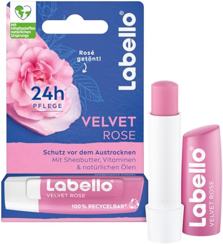 Labello Velvet Rose - Bálsamo labial con sutil aroma a rosa para 24 horas de hidratación, bálsamo labial nutritivo con manteca de karité y aceite de jojoba (4,8 g)