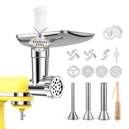 Hachoir à Viande en Acier Inoxydable pour KitchenAid – 4 Plaques de Broyage, 3 Tubes à Farcir pour Saucisses, 2 Lames de Broyage & 1 Moule à Boulettes de...