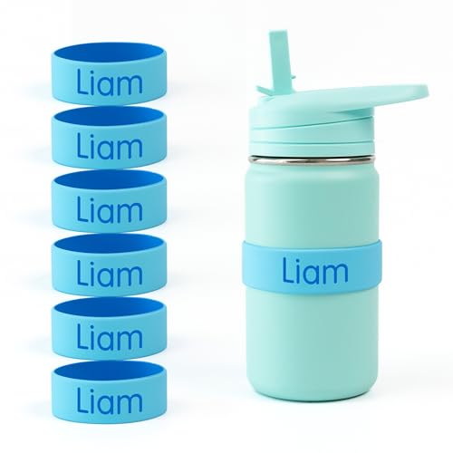 Mabel s Labels Personalized Two-Tone Engraved Silicone Name Bands Reusable Dishwasher-Safe Name Bands for Water Bottles, Sippy Cups & Drinkware (Blue & Light Blue, 6 Pack)