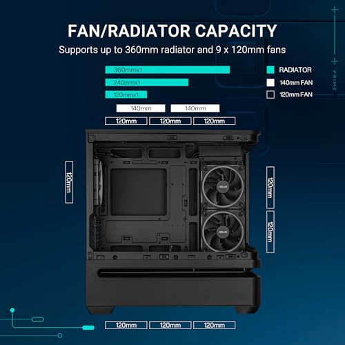 ASUS Prime AP202 ARGB (Noir) – Boîtier PC mATX (Verre incurvé trempé, Prend en Charge Les Cartes Graphiques jusqu'à 420 mm, radiateurs de 360 ​​mm de Long, 3 Ventilateurs ARGB intégrés)