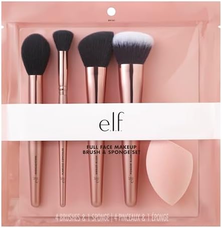 e.l.f. Cosmetics complexion essentials Brush & sponge set, Vegan Makeup Tools, contours & Creates A Flawless Face, 1 Count, Rose Gold