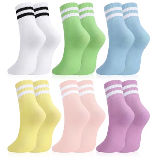 Image of Womens Crew Socks Striped Trim Casual Crew Socks Mid Calf Ankle Sock Vintage Retro Gym Running 6 /8 Pack