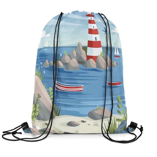 Erosebridal Tower Drawstring Backpack 13x15.7, Stones Boats Seaside Drawstring Bags For Sport Gym, Seagull Birds Foldable Draw String Back Bag, Red Blue Leaves Printed Clouds String Backpack