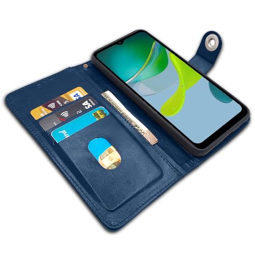 Image of Pikkme Motorola Moto E13 Flip Cover Leather Finish | Inside TPU with Card Pockets | Wallet Stand and Shock Proof | Complete Protection Button Flip Case (Blue)