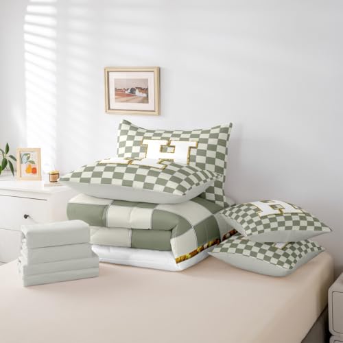 Image of Erosebridal Sage Green Checkered Queen Bed in A Bag 7 Piece Plaid Initial H Comforter Set with Sheets Personalized Monogram Bedding Sets for Kids Adults,Fashion Grids Gingham Bed Set