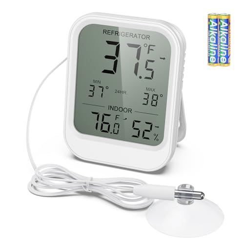 AMIR Digital Fridge Thermometer with Probe, LCD Display, Max/Min Records, Alarm, Digital Thermometer with External Sensor, Magnet, Suction Cup Freezer for Aquarium,Refrigerator,Freeze
