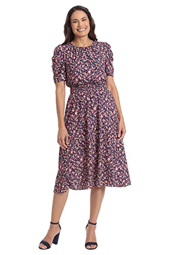 Image of London Times Women's Caterpillar Puff Sleeve Midi Dress - Gathered Waist A-Line Flowy Summer Dress