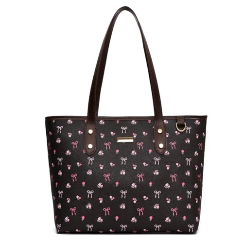 Image of hibear Cherry Print Tote Bag for Women Bow Shoulder Handbag Trendy Faux Leather Top-Handle Bag with Cherry Accessories