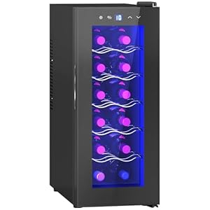 HOMCOM Cantinetta Vino Refrigerata 12 Bottiglie 34L Cantina Vino Monotemperatura 8-18℃ Cantina Vino Bar con Vetro Anti UV, Termoelettrico, Ripiani Regolabile, Display Touch, Luci LED, Classe E, Nero