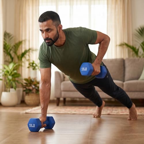 Image of KAKSS Neoprene Dumbbell Set of 2 (10 lb / 4.5 Kg Each), Blue Hex Dumbbells with Cast Iron Core and Non-Slip Coated Grip, Hand Weights for Home Workout Equipment and Gym Dumbbell for Women and Men