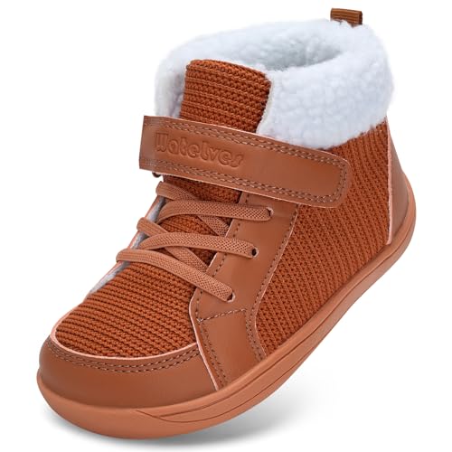 WateLves Kinder Winter Barfußschuhe Junge Mädchen Wanderschuhe Breite Barfuß Hausschuhe Barefoot Shoes Gefüttert Winterstiefel Hight Top(Braun, 30EU)