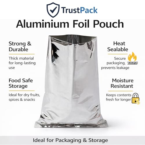 Image of TrustPack Aluminium Foil Bags | Heat Sealable Flat Pouch for Food Packaging | Mylar Bags | Silver Moisture Proof food Storage Bags for Tea, Coffee & Snacks (Pack of 100)(4x6)