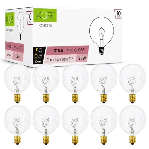 KOR G16.5 Clear Incandescent Globe Bulbs, 25W, E12 Candelabra Base, 10-Pack