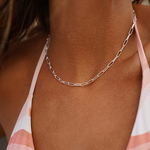 Chesky 18K Silver Plated Dainty Chain Necklace For Women, Sterling Silver Oval Chain Choker Necklace Paperclip Link Rectangle Chain Necklace Girls Jewelry Gift #TOP6