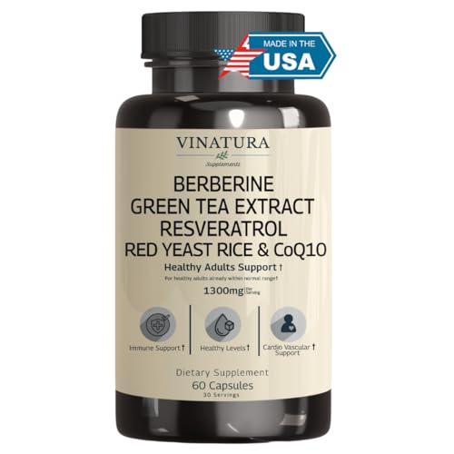 Berberine HCL & Ceylon Cinnamon – Red Yeast Rice & CoQ10 1300mg per Serving *USA Made & Tested* Healthy Levels with Green Tea Extract, Resveratrol, Magnesium, Glycinate, Chromium Picolinate