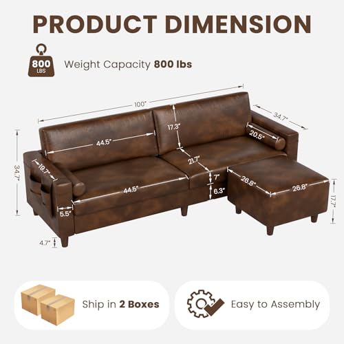 Image of Vesgantti 100 inch Faux Leather Sofa with Movable Ottoman, Wide Seating L Shaped PU Leather Couch with Side Pocket, Comfy Mid Century Modern Modular Sectional Sofa for Living Room, Office, Cocoa