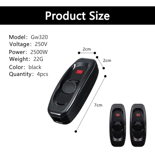 4 Stück Lampenschalter Zwischenschalter Kabelschalter mit LED Kontrollleuchte 250V 10A Schnurschalter für Schreibtisch Lampe Bettlampe Tischlampen Kleingeräte (Schwarz)