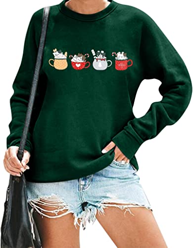 Kiddad Christmas Cat Sweatshirt Women Cute Christmas Coffee Graphic Pullover Top Xmas Holiday Long Sleeve Shirt #TOP12