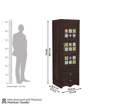 Image of Sheesham Wood Wooden Single Door Wardrobe Organizer for Clothes | - Solid Wood Almirah with 2 Drawers, 2 Shelves - Cupboard for Large Bedroom (Design 20)