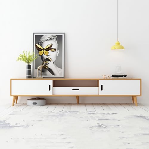 Soporte de TV estrecho de bambú con cajón, consola multimedia de 1,4 m para sala de estar y dormitorio, elegante centro de entretenimiento en acabado, diseño que ahorra espacio