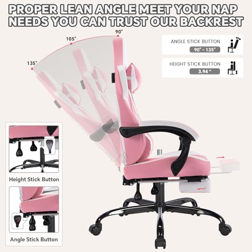 Image of Gaming Chair with Footrest for Home Office - High Back Computer Chair with Headrest and Lumber Support, Ergonomic Height Adjustable Leather Game Chairs (Pink+White)