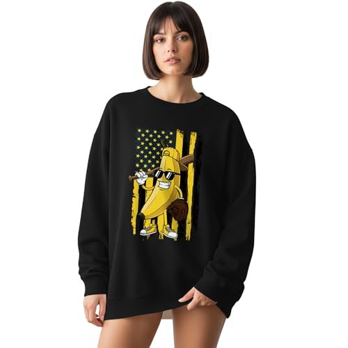 Cool Banana Baseball Retro American Flag Sweatshirt Funny Catcher Fruit Tee Tops Crewneck for Men and Women