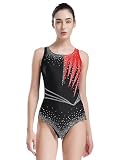 Alvivi Leotardo de Gimnasia Rítmica para Mujer con Diamantes Coloridos Maillot de Danza Ballet de sin Manga Maillot de Patinaje Artístico Competición S-XXL Rojo XXL