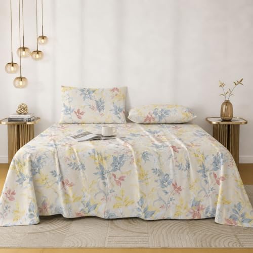 Image of Jaipur Weaves Double Bed Cotton Bedsheet Queen Size 90x100, 100% Pure Cotton Bed Sheet with 2 Pillow Covers, 240 TC Soft Breathable Floral Design - (Orange Floral, Queen)