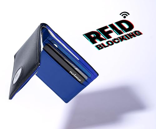 Mens Wallet with AirTag Holder, Slim Genuine Leather Bifold AirTag Compatible Wallet with Money Pocket, RFID Blocking, 9 Card Slots (Black & Midnight Blue)2