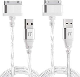 InfoTechnica (2-Pack 2 meters 30-Pin Nylon Braided USB Cable Compatible with iPhone 4 4S 3G 3GS, iPad 1, iPad 2, iPad 3, iPod 5, iPod Classic (White)