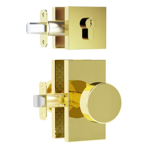 HIEMEY Polished Brass Exterior Door Knob with Deadbolt and Key