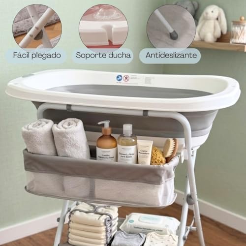 Miniatura 8 de Bathby Bañera Plegable De Bebé Y Con Soporte De Patas Antideslizantes Portátil Tubo De Desagüe Cesta Para Juguetes Y Organizador Lateral Para Champú Ligera, Compacta Y Segura Para Baño Gris
