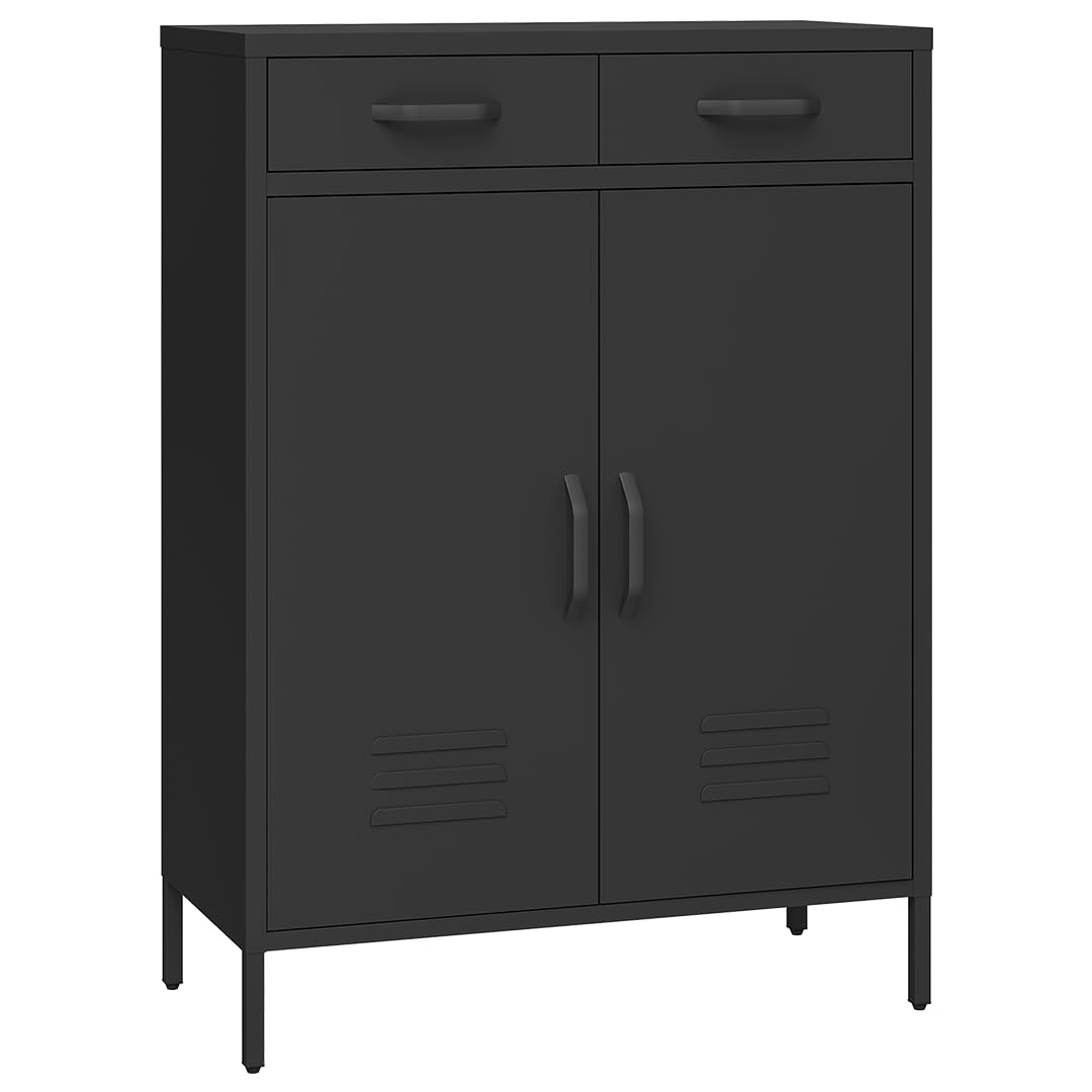 skølm Atria Metall Kommode – Sideboard in Schwarz – Metallschrank mit 2 Fächern & 2 Schubladen – Mehrzweckschrank – Industrial Highboard – Aufbewahrungsschrank/Flurschrank – Flexible Einlegeböden