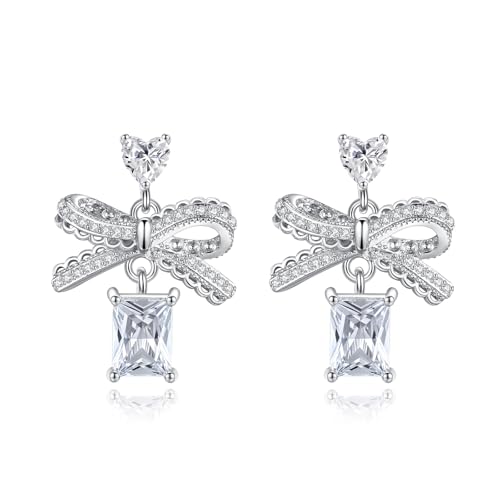 Bow Earrings for Women Silver Gold Bow Dangle Earrings Sparkly Cubic Zirconia 925 Sterling Silver Post Trendy for Mother Her (Silver)