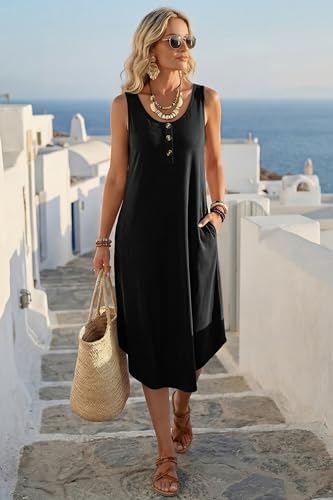 Image of WIHOLL Summer Dresses for Women 2026 Button Front Sleeveless Casual Midi Dress Beach Vacation Sundresses with Pockets