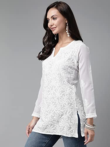 Image of Ada Women's Georgette Regular Fit Chikankari Hand Embroidered Lucknow Short Kurti Top A911224