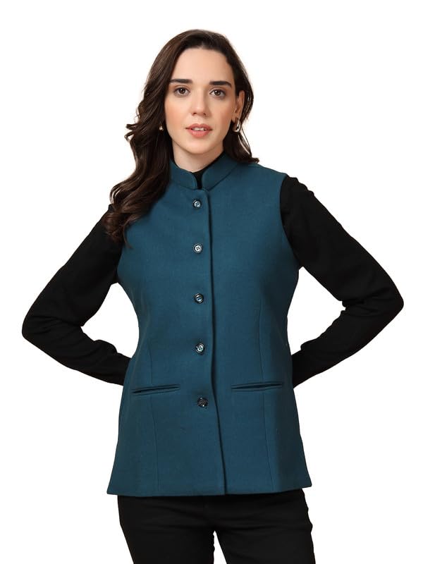 Image of Vastraa Fusion Solid Indian Traditional Ethnic Waistcoat Festive Woolen Nehru Jacket for Women