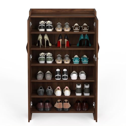 Image of BLUEWUD Brooklyn Tall Engineered Wood 2 Doors with Lock Shoe Rack Cabinet Slipper Footwear Stand Organizer can Store Up to 24 Pairs for Home, DIY (Do it Yourself) (Brown Maple) (Size Upto UK 9)