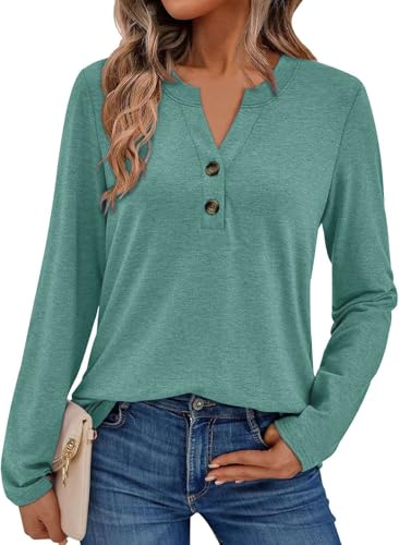Pawate Damen Langarmshirt Elegant Oberteil V-Ausschnitt Blusen Business Tops Casual Baumwolle Shirts Herbst Tunika(graugrün/M)