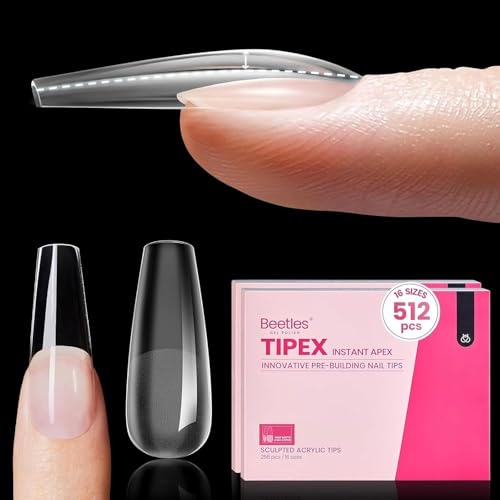Gelab cosmetics LLC Beetles Tipex Instant Apex Nail Tips Kit, Medium Stiletto, 224 Pcs 16 Sizes Pre-Building Pre-Etched False Nail Tips with Tipex Nail Glue, Mini Nail Lamp