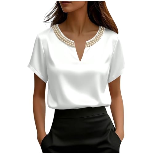 Camisetas de fiesta para mujer, de satén de seda del Reino Unido, con cuello en V, para verano, de manga corta, elegantes, con cuentas, casuales, holgadas, para negocios, oficina, trabajo, fiesta de