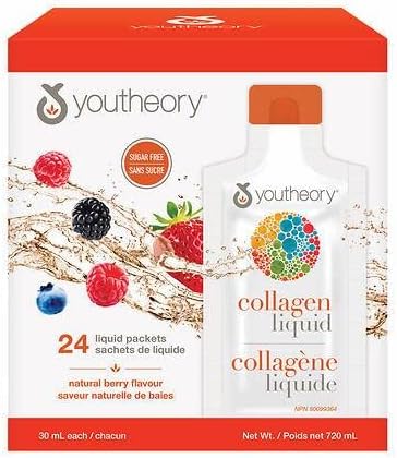 Youtheory Sugar Free Natural Berry Collagen Liquid, Healthy Skin Formula - 24 Liquid Packets (720ml)